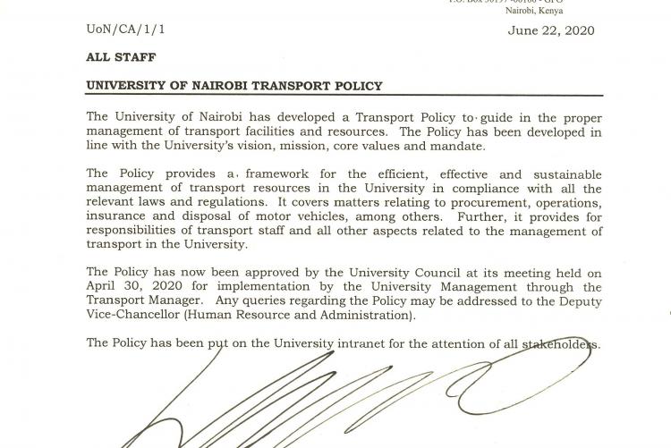 University of Nairobi Transport policy