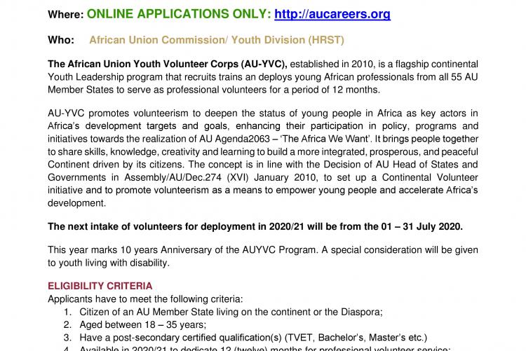 AFRICAN UNION YOUTH VOLUNTEER CORPS (AU-YVC) - 2020 Call for Applications