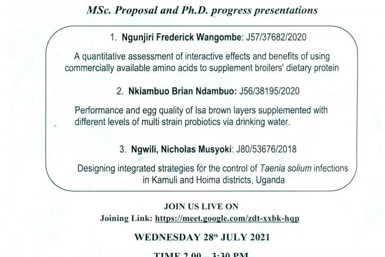 Invitation to an online MSc proposal and PhD progress presentation.