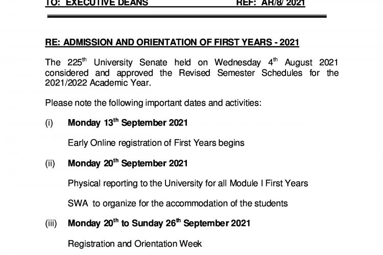 The admission and  orientation of the first years 2021-2022 academic year revised semester schedules