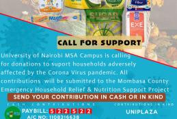 University of Nairobi MSA Campus is calling for donations fo support households adversely affected by the corona virus pandermic .