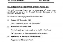 The admission and  orientation of the first years 2021-2022 academic year revised semester schedules
